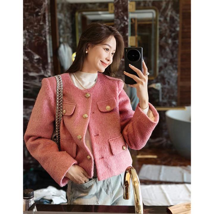 美洋MEIYANG 芭比鹅绒服 甜而不腻芭比粉~圆领短款小香羽绒服外套