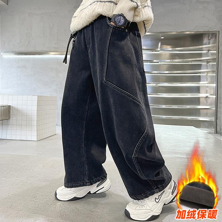 男童牛仔裤冬季2024新款帅气时髦加厚休闲裤直筒长裤洋气儿童裤子