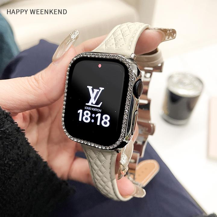 小香菱格蝴蝶扣真皮质表带适用苹果Applewatch10789代SES11iwatch