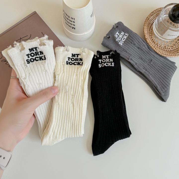 爆款刺绣破洞袜子女ins潮流时尚街头外穿百搭中筒袜子长筒堆堆袜