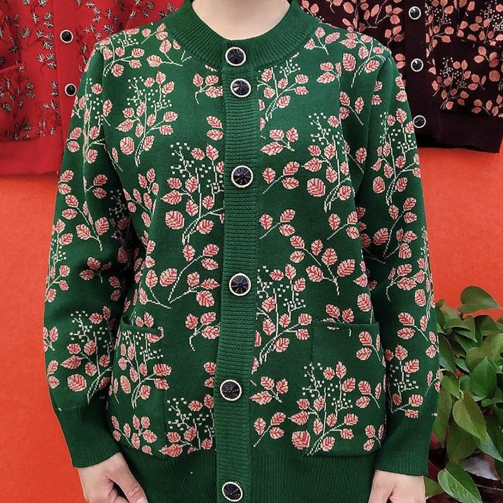3318新款圆领树叶花双织加厚气质老人保暖针织秋冬大码毛衣开衫