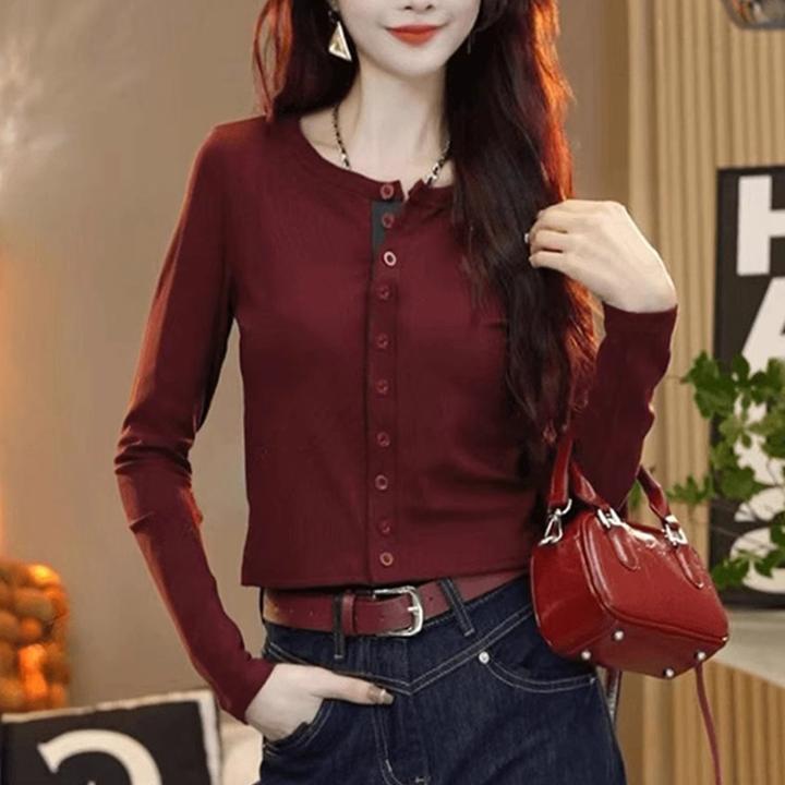 排扣撞色长袖T恤女2025秋冬季新款韩版显瘦打底衫女开衫短款上衣