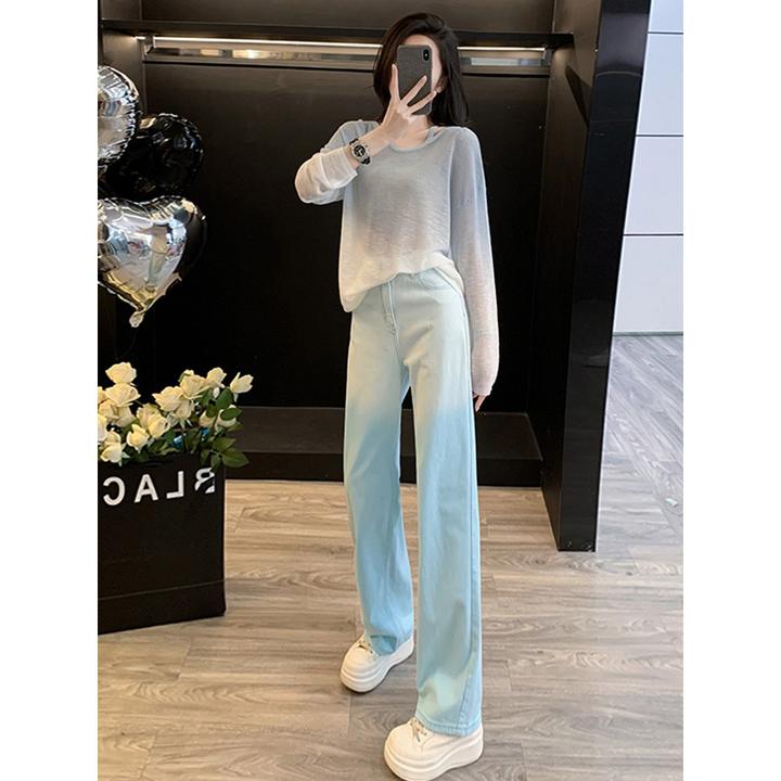 韩系穿搭时尚套装女夏季减龄洋气漂亮渐变镂空上衣阔腿裤两件套潮