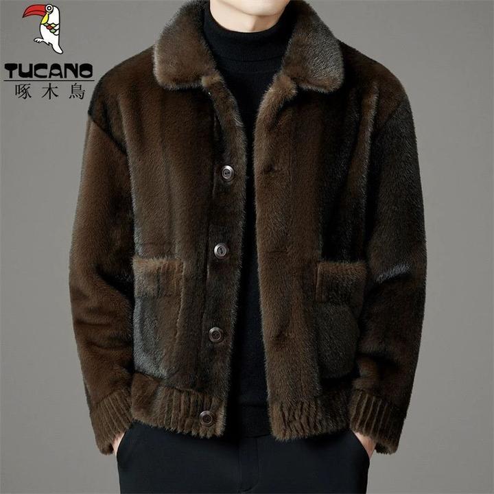 啄木鸟两面穿男士大衣冬季新款中青年休闲水貂毛单排扣短款外套皮
