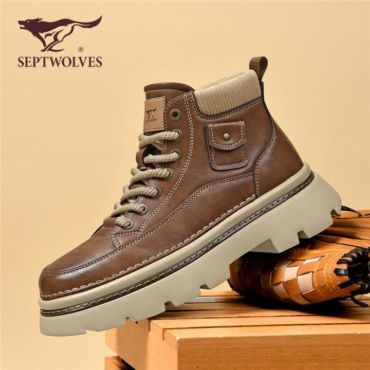 七匹狼工装马丁靴休闲秋冬季男士时尚百搭真皮潮流厚底增高0816