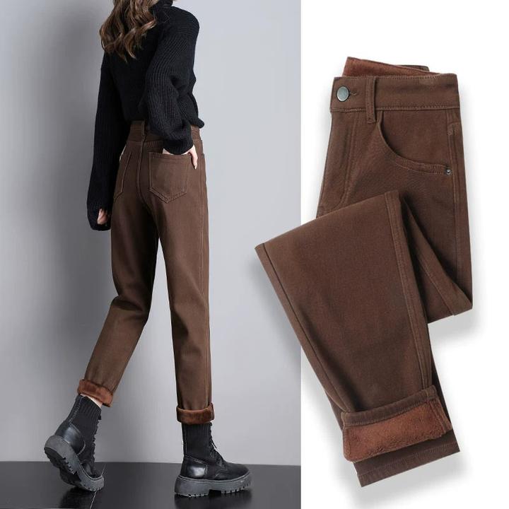 大码休闲哈伦小脚老爹牛仔裤女款裤子冬季显瘦宽松加绒正品老爹裤