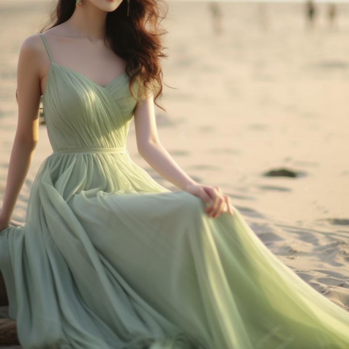 绿色吊带连衣裙法式初恋超仙海边度假绝美小清新少女感裙子女夏季