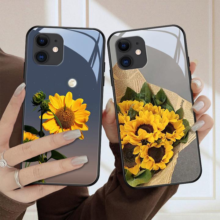 向日葵适用苹果12手机壳iPhone12pro玻璃外壳12mini新款情侣保护