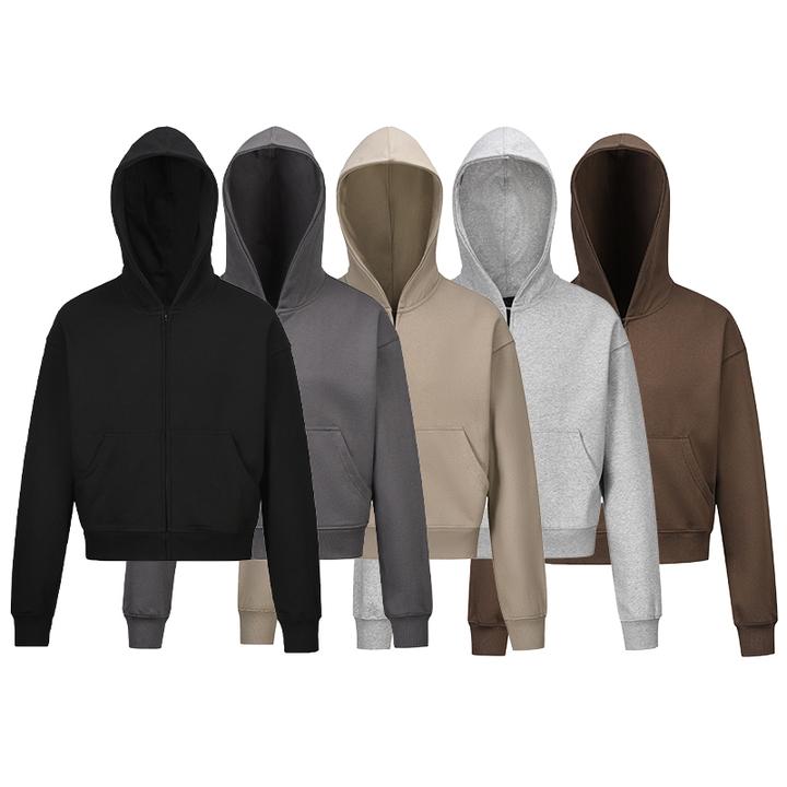 Wildkidz复古纯色cleanfit开衫连帽卫衣男女秋冬boxy短宽帽衫外套