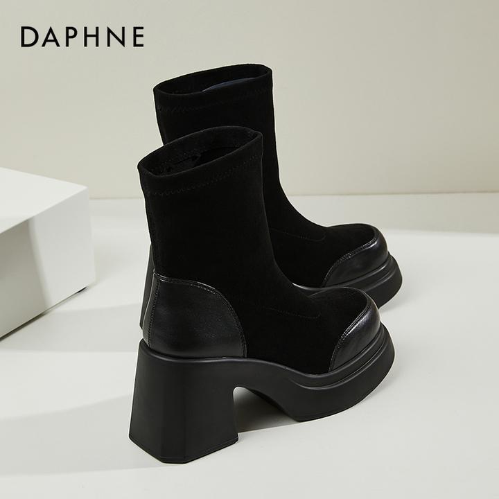 达芙妮黑色弹力瘦瘦靴女时尚百搭内增高小个子短靴厚底高跟马丁靴