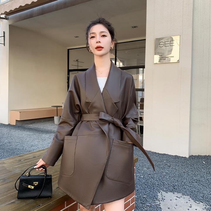 货号668 时尚宽松腰带西装风衣款进口绵羊皮女士真皮中款风衣外套