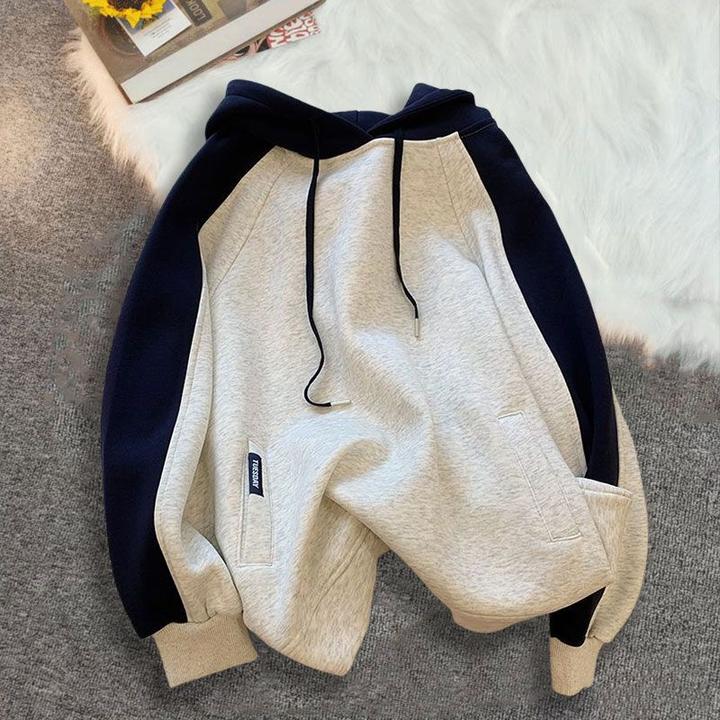 特大码日系潮流简约撞色拼接连帽卫衣男女加绒宽松原宿风情侣外套