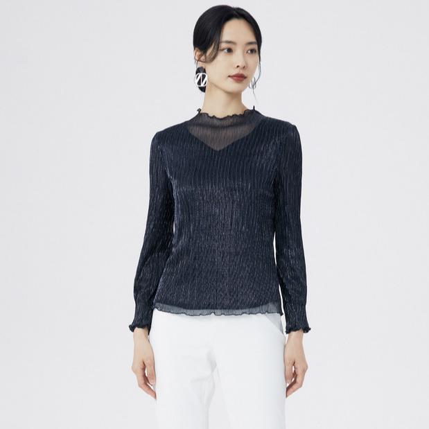娜尔思水波纹叠透V领时尚百搭长袖套头小衫NM01912Q7