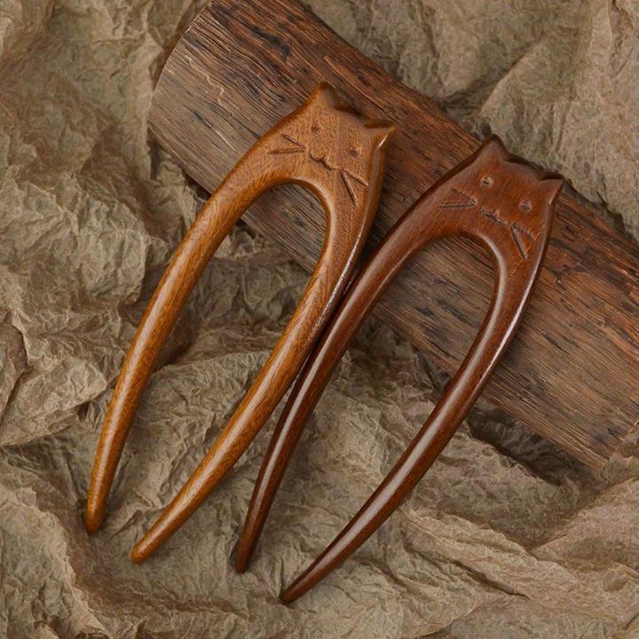 猫钗。猫咪发簪檀木簪子发钗发饰汉服配饰盘发复古中国风简约檀木