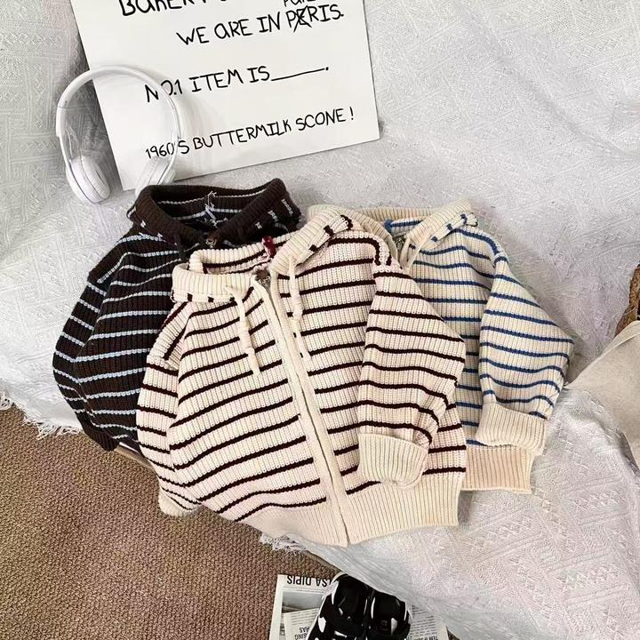 新秋季时尚双拉链连帽条纹男童女童亲子针织开衫毛衣7008