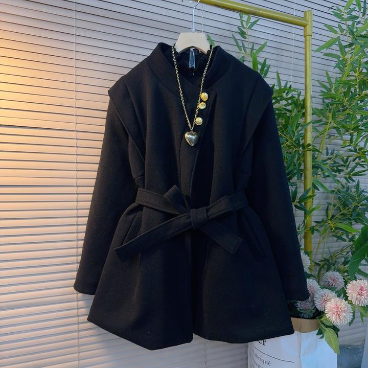 2024秋冬季新款时尚气质显瘦百搭款纯色立领收腰系带加棉大码外套