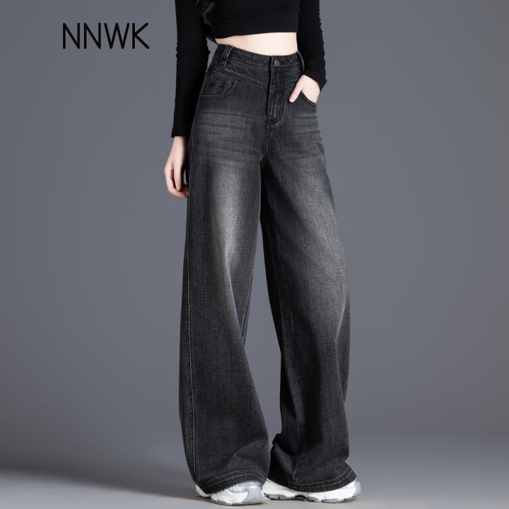 黑灰色复古高腰阔腿裤秋冬加绒牛仔裤女2025新款显瘦直筒裤拖地裤