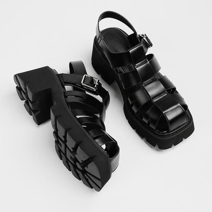 大码厚底包头凉鞋女2025夏新款复古方头粗跟罗马鞋编织镂空猪笼鞋