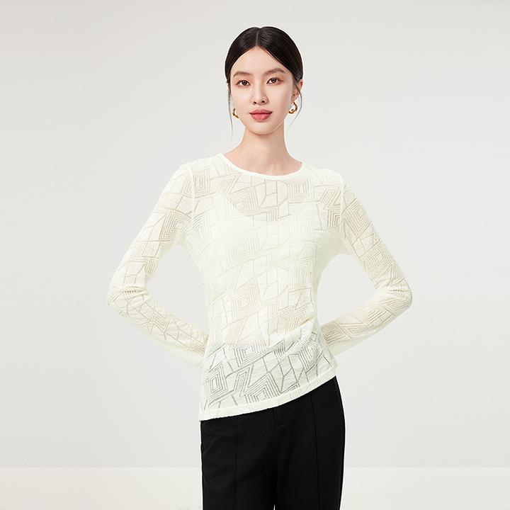 芭蒂娜绵羊毛几何收腰蕾丝衫设计感不规则修身打底衫上衣644M186
