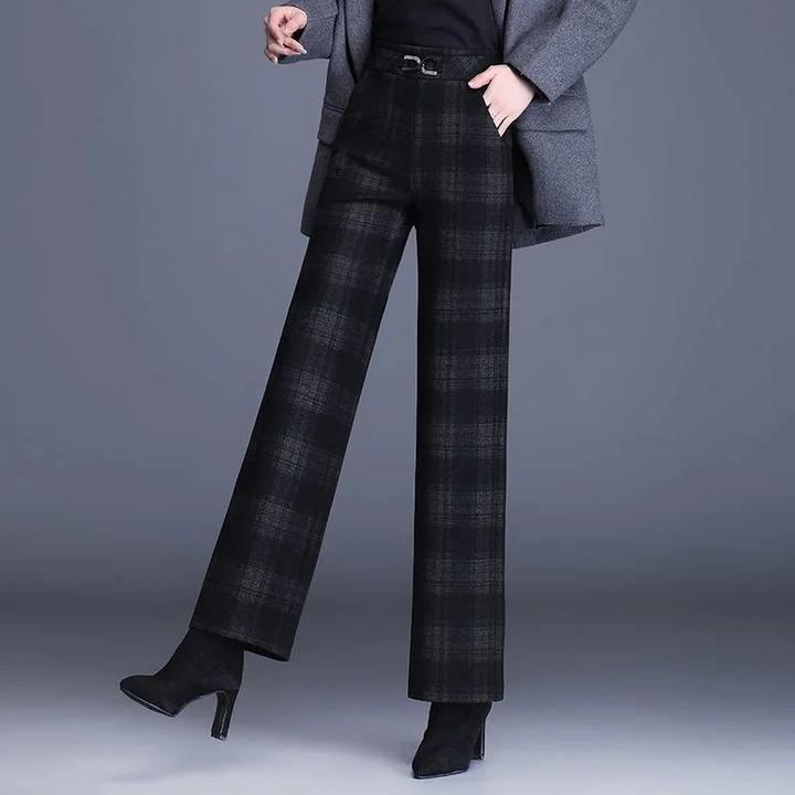 喇叭裤外穿宽松加厚毛呢格子直筒阔腿裤女裤子秋冬大码西裤长裤