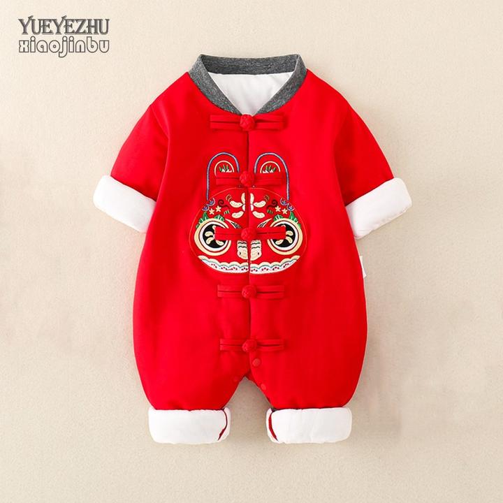 婴儿加棉衣服秋装红色满月服宝宝中国风连体衣秋冬薄棉百天拜年服