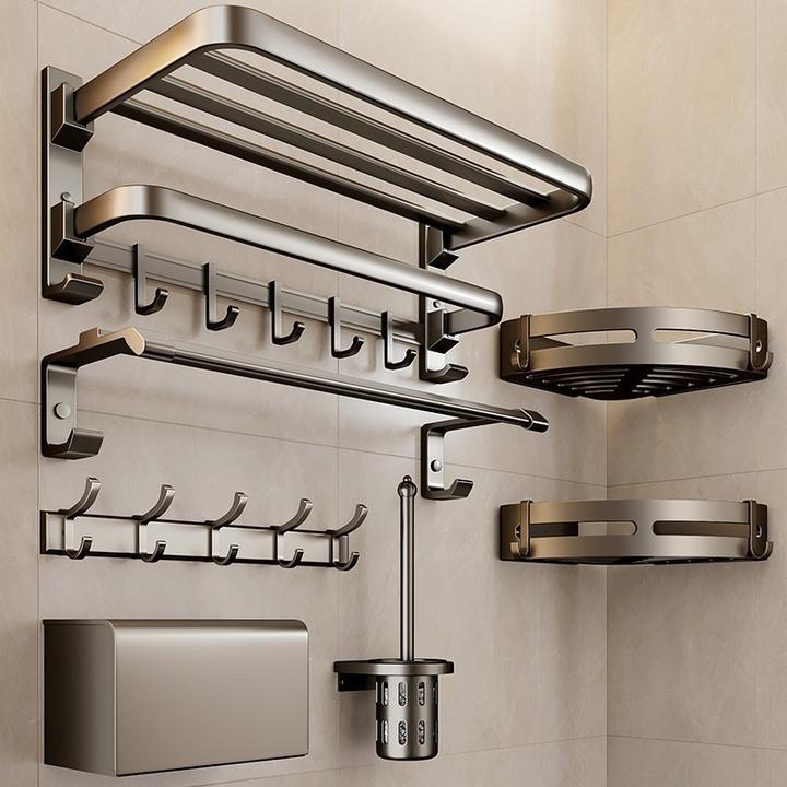 枪灰毛巾架免打孔卫生间浴巾架壁挂浴室置物架子太空铝五金挂件