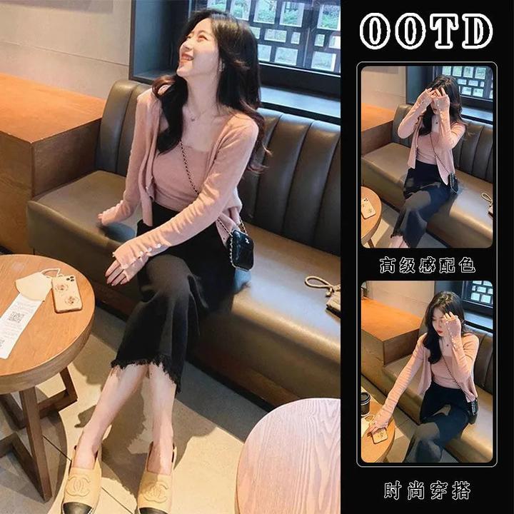 早秋新款轻熟风简约时尚长袖针织开衫上衣吊带内搭背心包臀长裙女