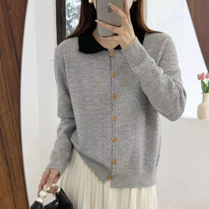 娃娃领镂空针织衫女长袖2024秋冬爆款宽松翻领气质开衫香风打底衫