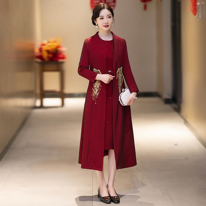 十一高贵喜婆婆呢子大衣婚宴装喜妈妈婚礼服装丈母娘妈妈装连衣裙