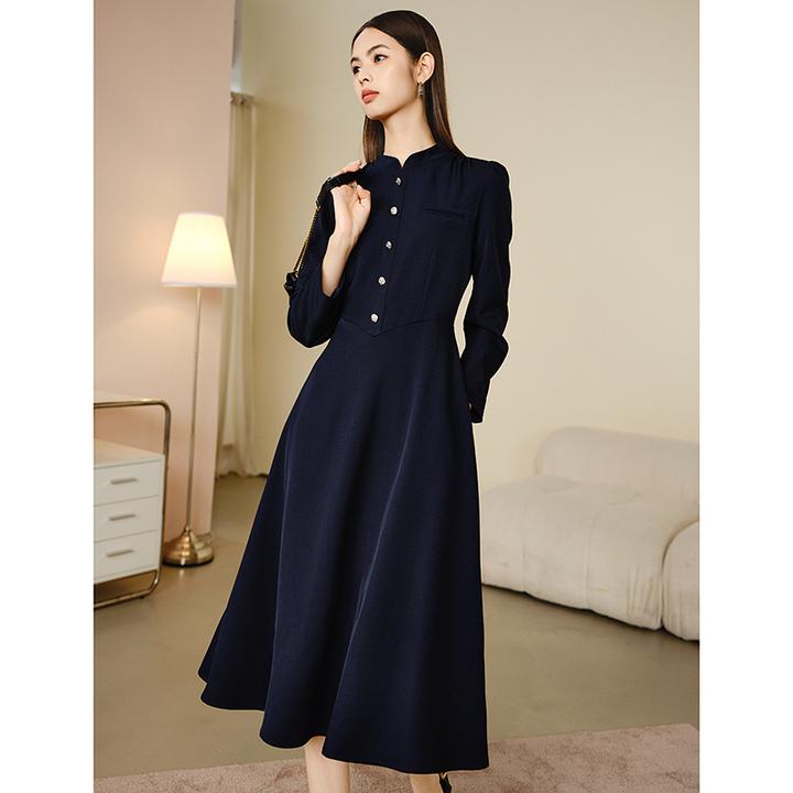 晚白春款时尚简约气质裙子休闲高腰纯色立领连衣裙24080212