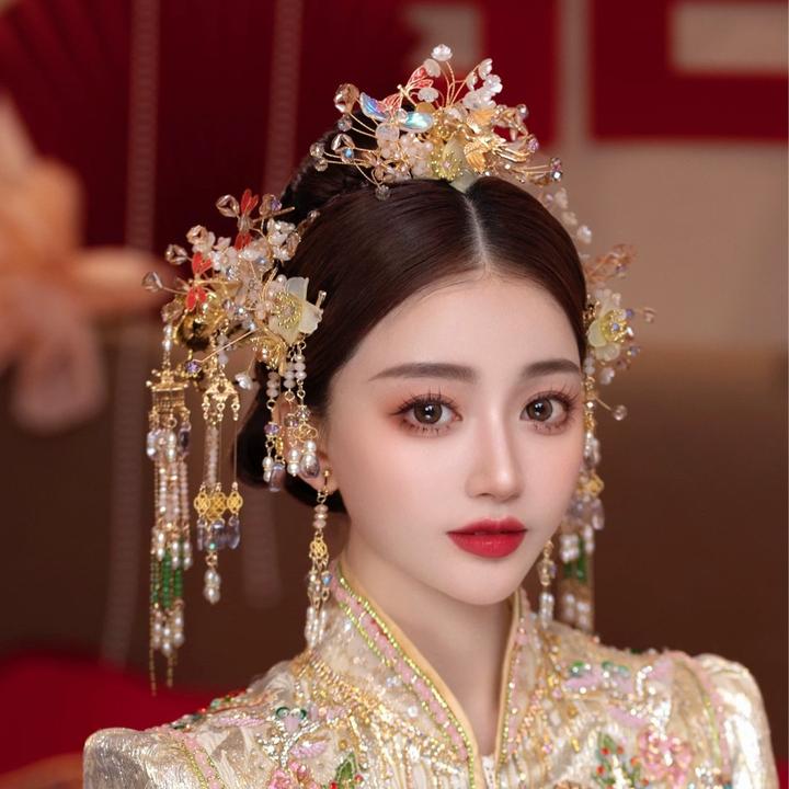 3204新款金色秀禾服头饰琉璃花朵分体套装新娘结婚头饰