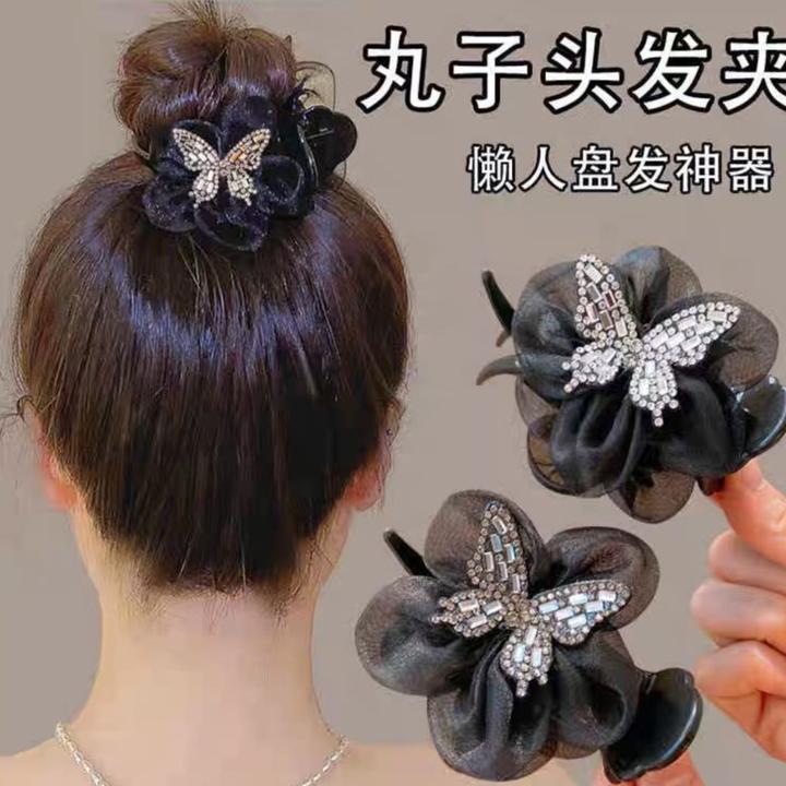 282号一网纱花朵灰色蝴蝶丸子头抓夹盘发夹