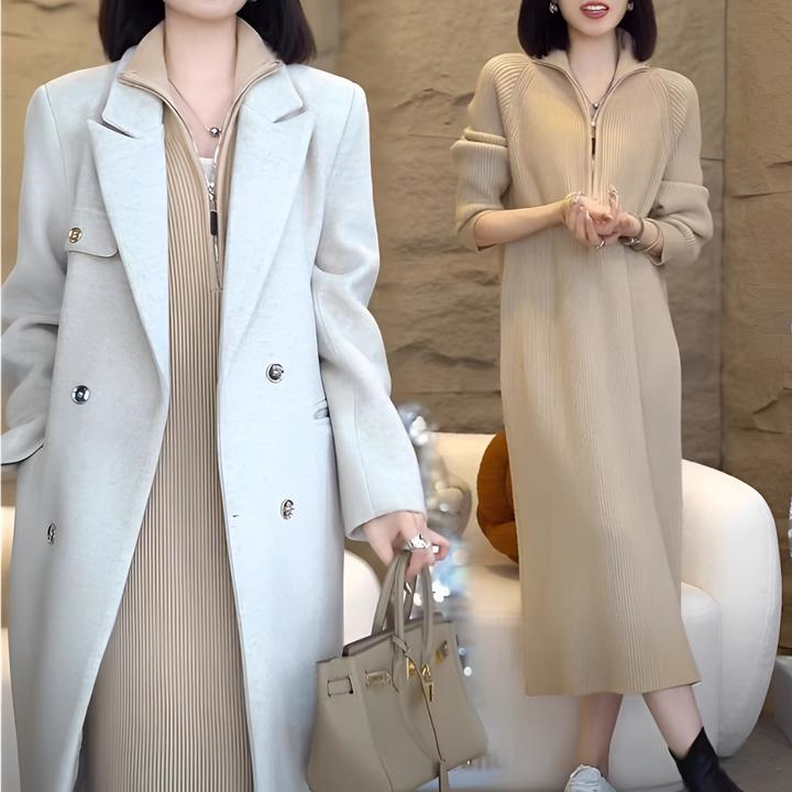 年货秋冬宽松针纯色织连衣裙显瘦长袖拉链气质女装打底裙子过膝