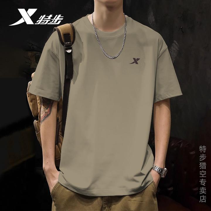 特步短袖男秋季纯棉T恤圆领男士打底衫宽松大码半袖上衣运动体恤