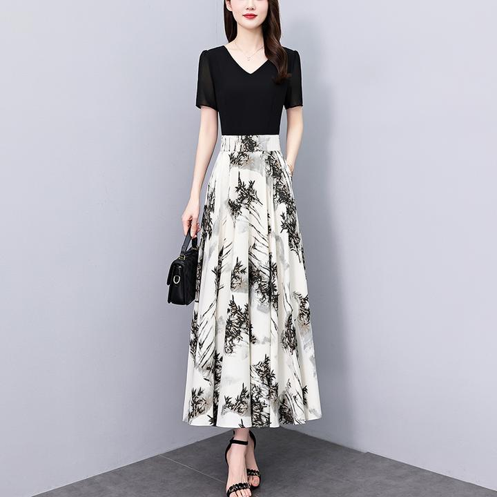 有口袋真丝印花连衣裙2025新款夏季短袖长款显瘦洋气质大摆长裙子