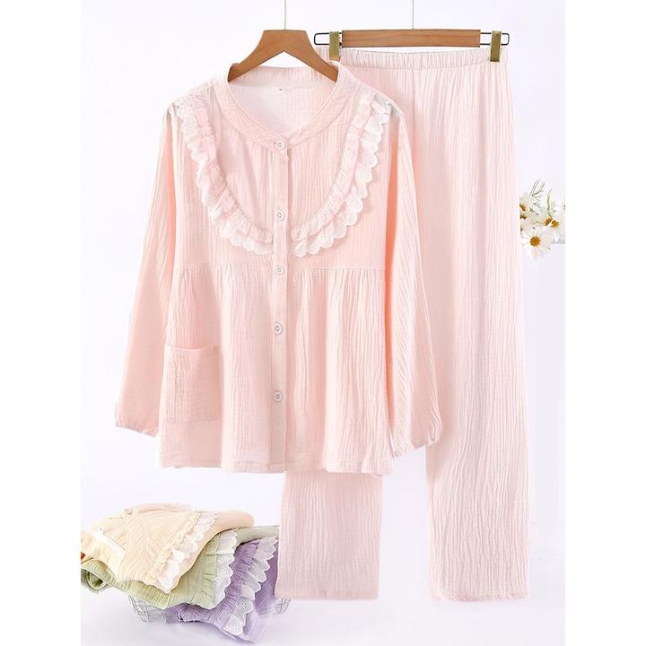 纯棉纱布睡衣女长袖春秋季夏薄款开衫甜美少女花边空调家居服套装