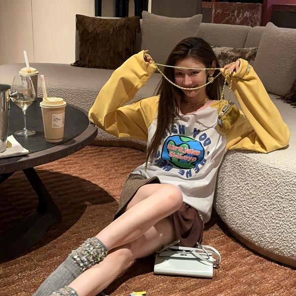 你的呵呵｜地球印花彩色涂鸦撞色呼吸棉长袖T恤上衣