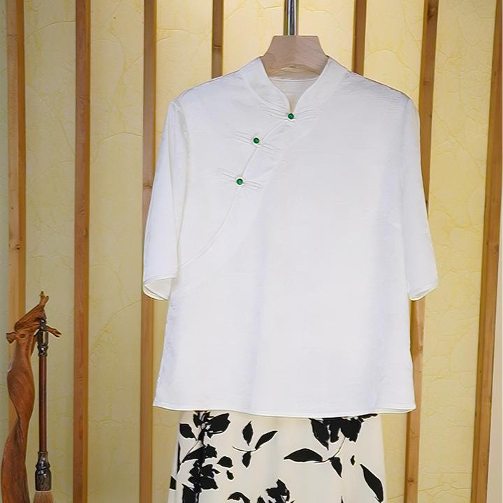 YAQU/娅区新中式国风盘扣春夏季衬衫提花立领显气质五分袖上衣