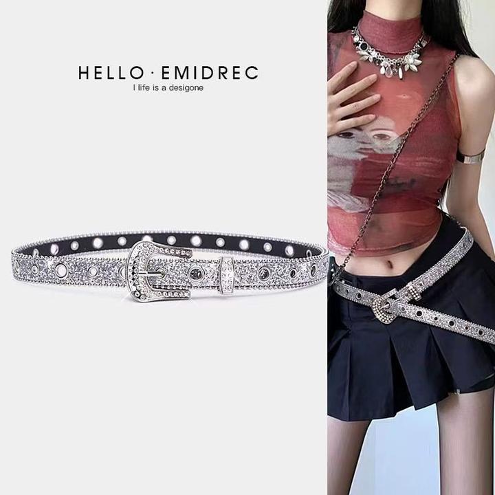 新款网红腰带y2k时尚气质带钻腰带朋克皮带裤腰带女闪钻辣妹束腰