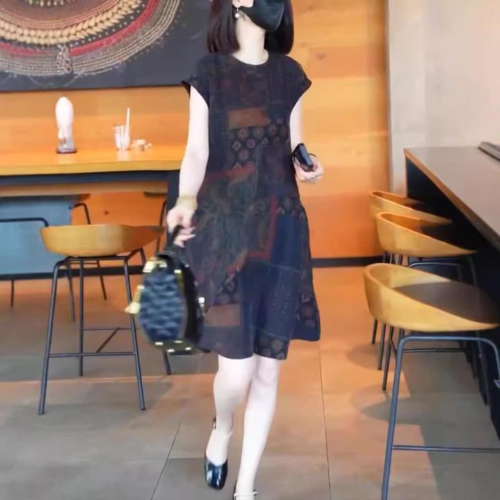 2024夏季新款圆领宽松印花连衣裙中长款显瘦女裙