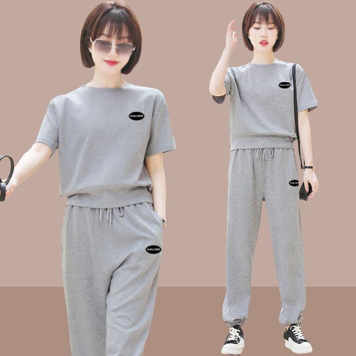 夏季休闲运动服套装女款2025新款爆款洋气宽松大码时尚短袖两件套