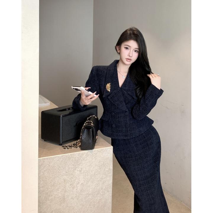 藏青色气质名媛小香风外套显瘦半身裙套装