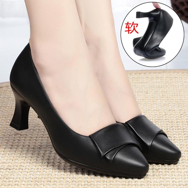 高跟久站女士皮鞋真皮软底高跟工作鞋女黑色上班职业单鞋女鞋春秋