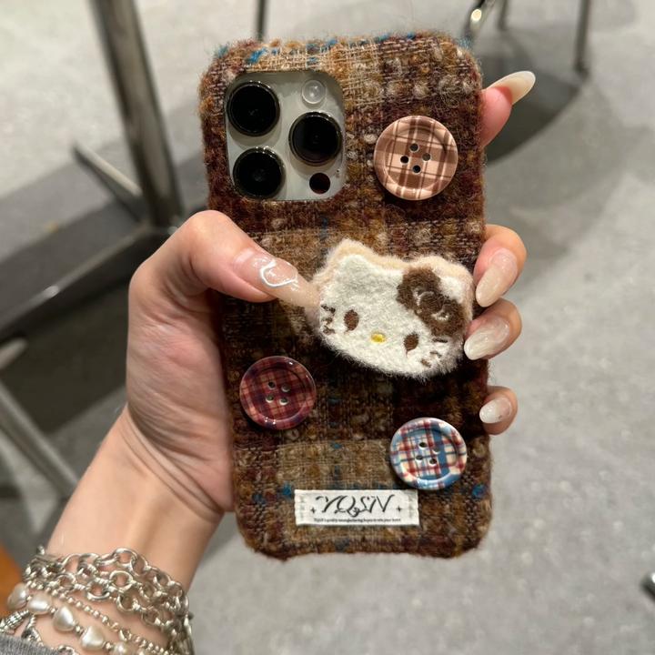 格纹美拉德色系棕色kt纽扣适用苹果15poromax可爱16pro手机壳13