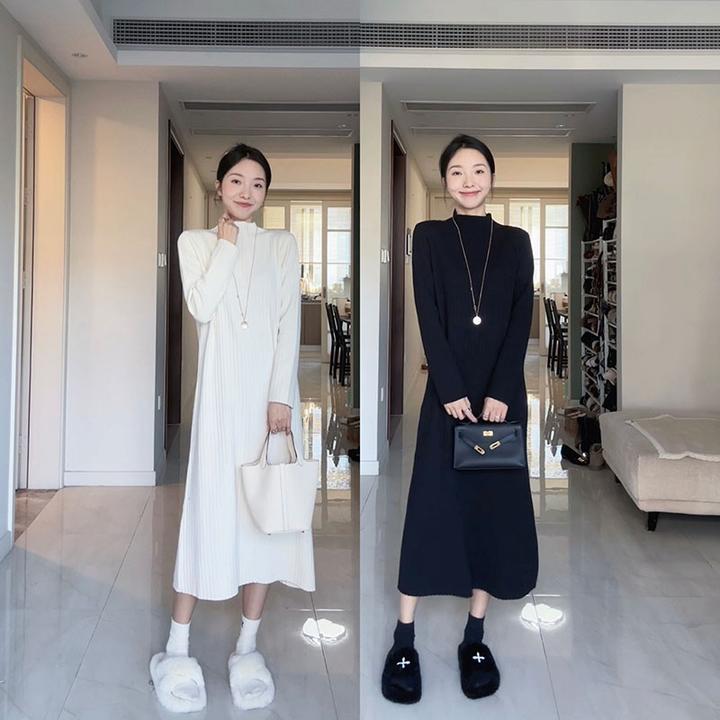 郭九九呢简约冬直筒宽松半高领毛衣针织连衣裙打底裙G9Q236935