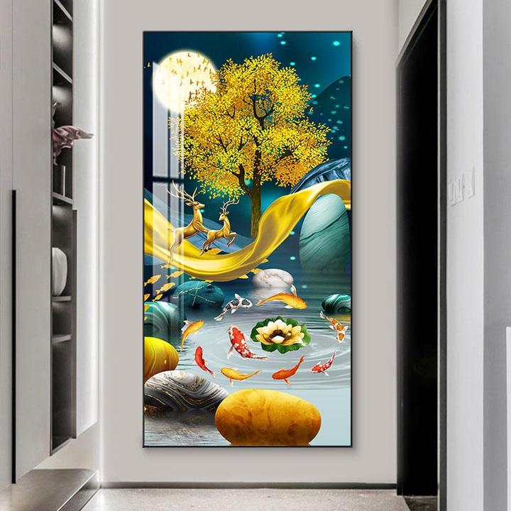 九鱼招财玄关挂画装饰画简约走廊过道晶瓷画轻奢客厅进门大气挂画