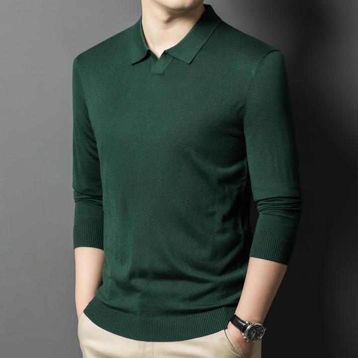 吉伦略索春秋时尚海鸥领长袖男翻领纯色休闲v领针织打底polo衫潮