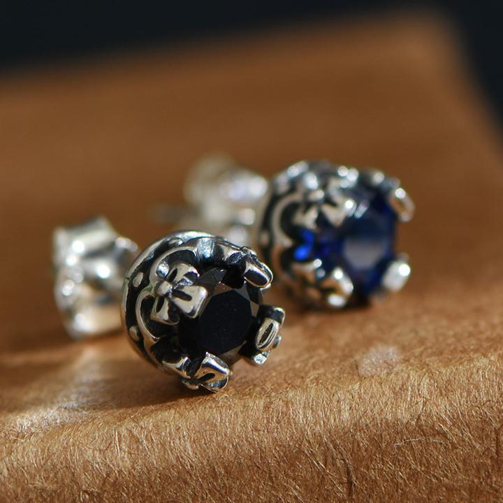 925银合成锆石耳饰 黑色潮男个性耳环蓝色复古耳饰纯银男士耳钉