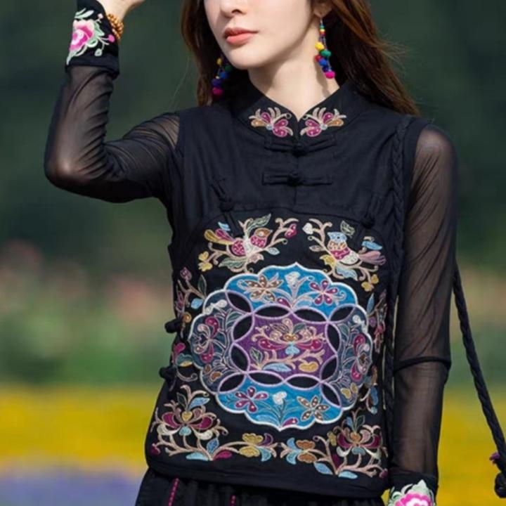 国风女装春季民族风棉麻短款绣花盘扣刺绣马甲女中式立领马夹背心