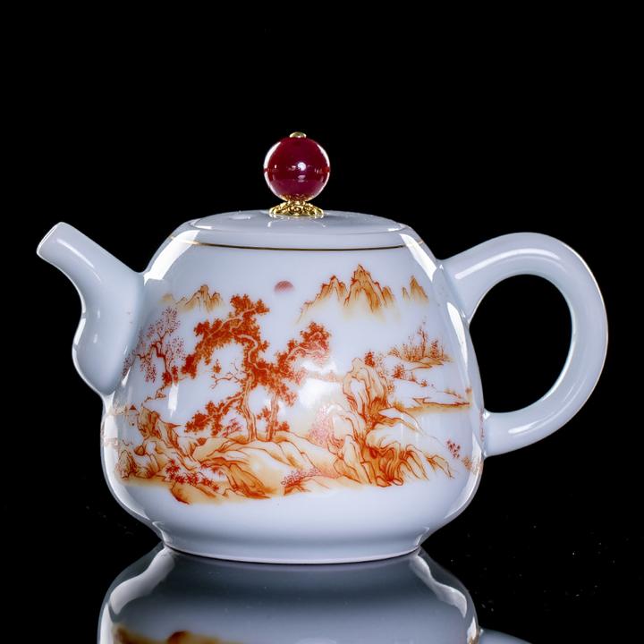 家用描金影青侧把壶功夫茶具茶壶山水图冲天泡茶壶陶瓷将军壶单壶
